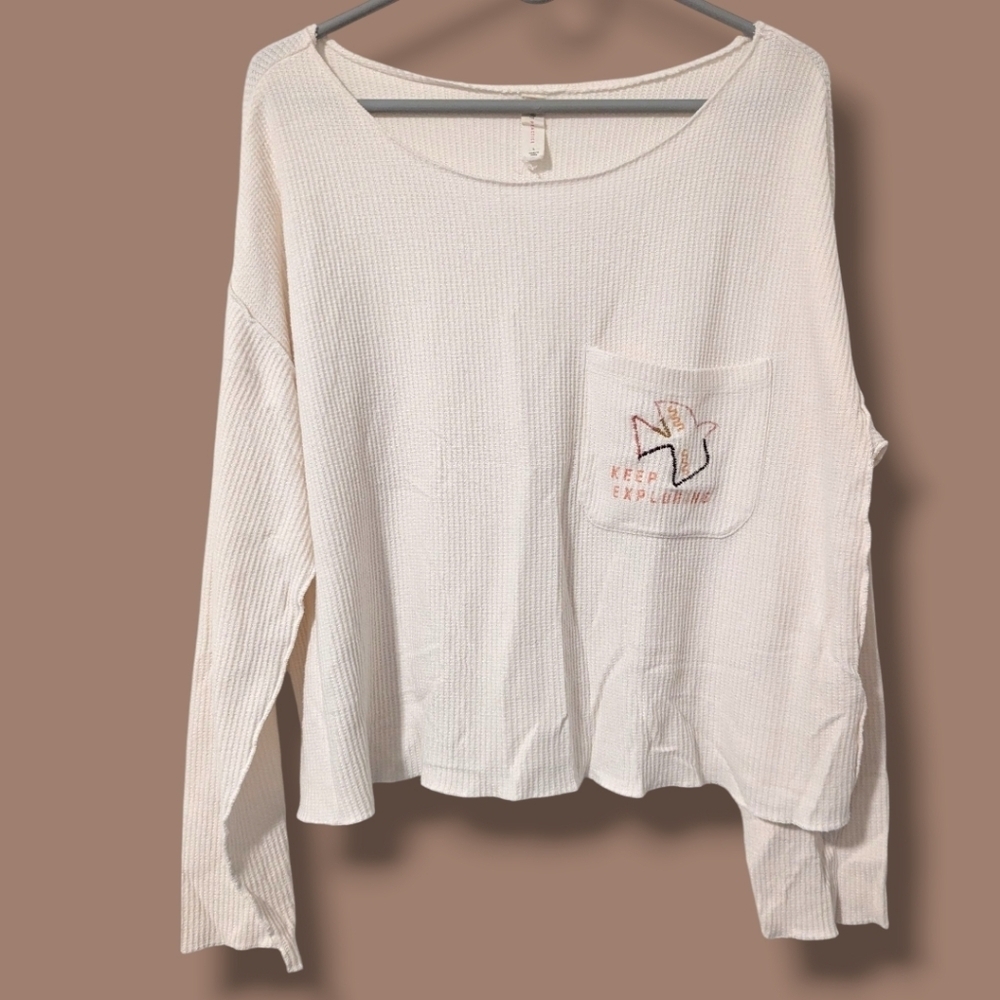 Daily Practice White Waffle Knit Embroidered "Keep Exploring" Long Sleeve Shirt